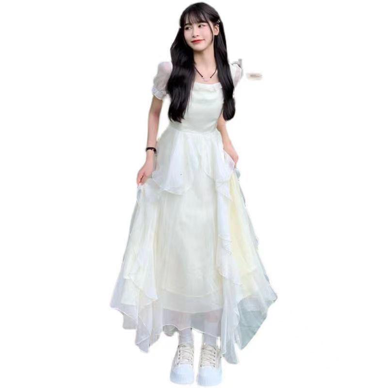 White French Ruffle Long Sleeve Dress: Waist-Defining Fairy Style for Seaside Vacations