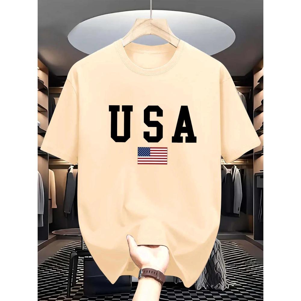 Męska letnia modna casualowa koszulka z krótkim rękawem z okrągłym dekoltem i grafiką flagi narodowej USA, 100% bawełna, luźny krój