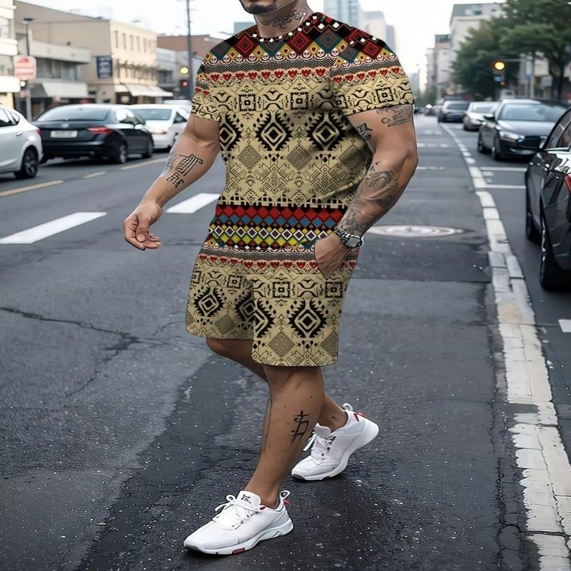 Summer Fashion Men's Suit Casual Ethnic Style 3D Printed Sportswear Short-sleeved Suit Oversized Round Neck T-shirt Shorts 2-piece