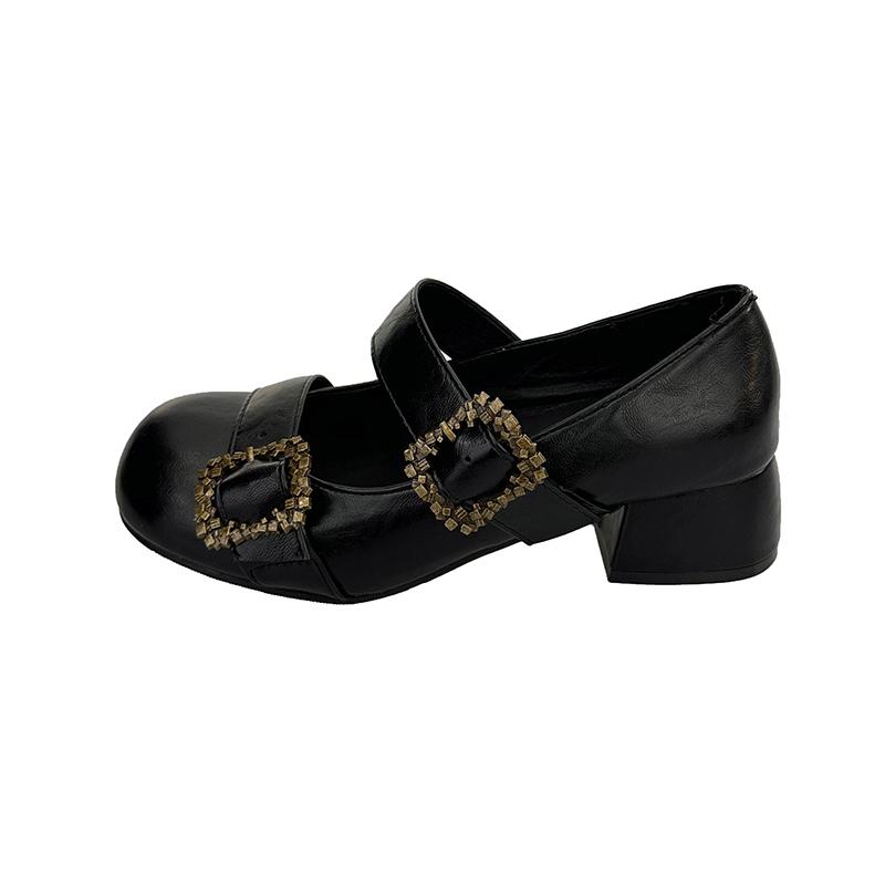 Fashion Rhinestone Metal Buckle with Square Heel Single Shoes Autumn New Round Toe Deep Mouth Non-slip Wear-resistant High Heels