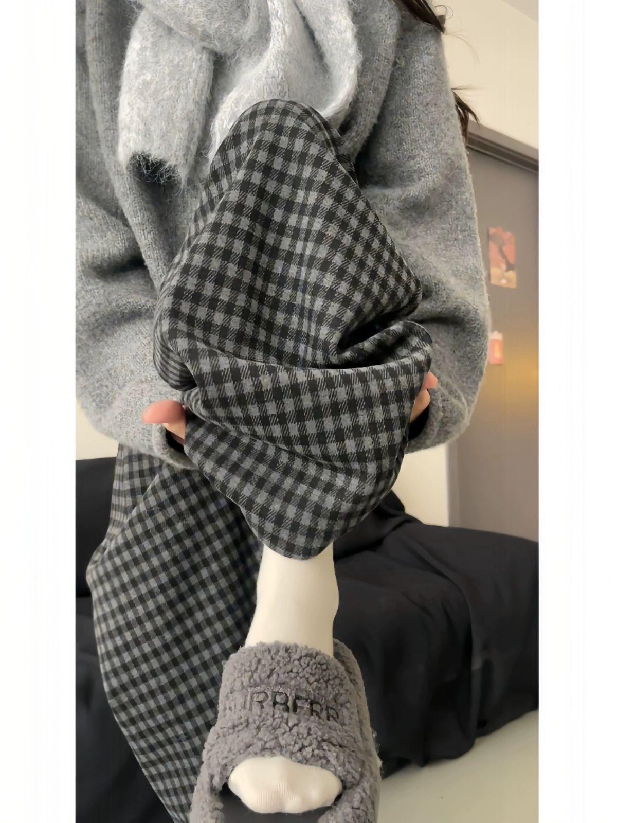 

Корейские ретро шерстяные брюки в клетку широкого кроя: Женский уютный осенне-зимний ленивый стиль 2XL