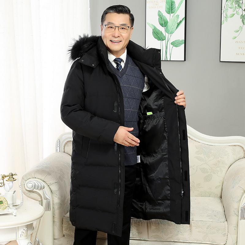 Dad Winter Clothing Middle-aged and Elderly Down Jackets for Men Over The Knee Long Thickened Cold-proof Big Fur Collar Pie To Overcome White