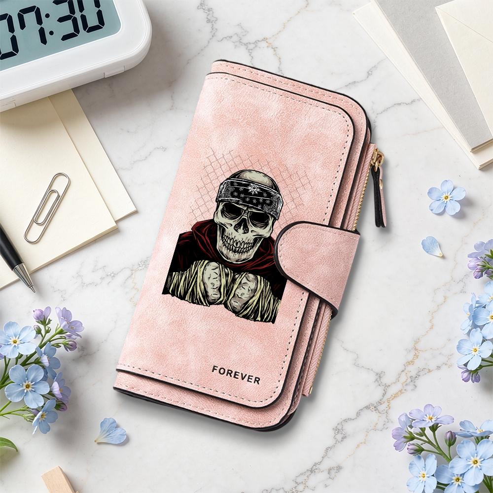 Gothic Skull Pattern Long Wallet for Men Women Daily Use PU Leather Card Holder Purse with Zipper Pocket