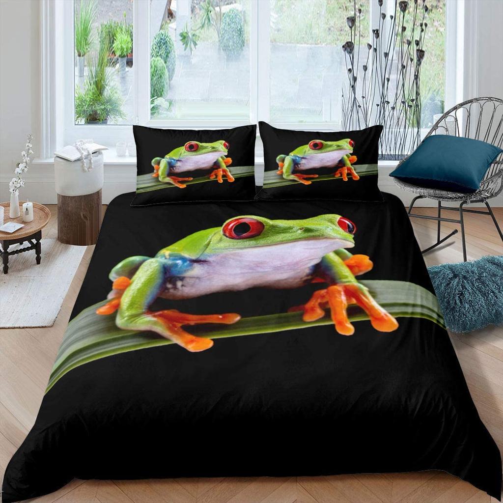 Frog Duvet Cover Set Cute Kawaii Cartoon Frog Pattern King Queen Size Polyester Comforter Cover With Pillowcase For Kids Girls