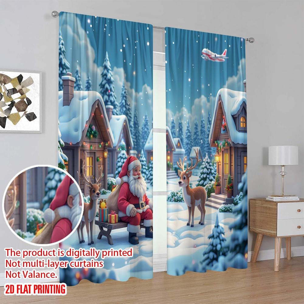 2pcs 2D flat printing Christmas Scene Curtain Christmas Celebration Winter Scene 100% Polyester Fabric Without Electricity