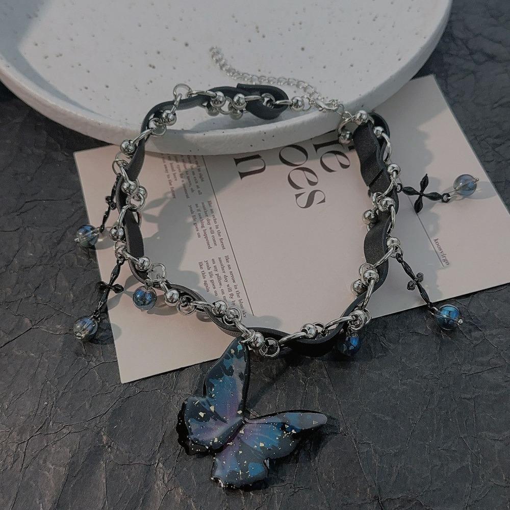 Y2K Punk Simulation Blue Flower Butterfly Pendant Cross Crystal Bead Tassels Black Cortex Collar Necklace for Women Jewelry Gift