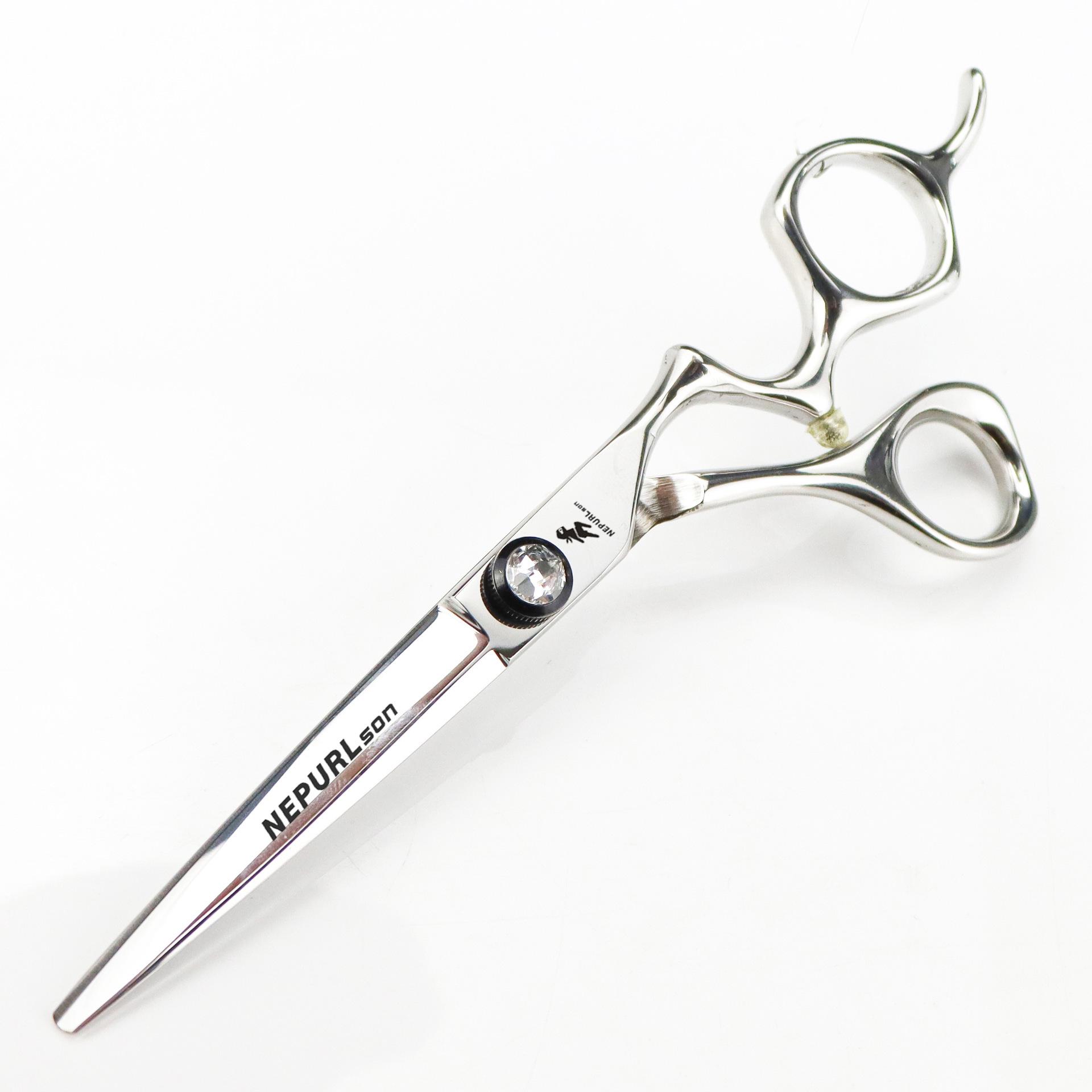 6 Glossy HE-02 Curved Handle Hairdressing, Barber, Bang, and Thinning Scissors