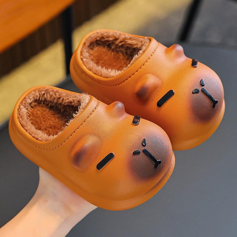 Pantoufles d'intérieur en coton imperméables doublées de polaire chaude Capybara pour enfants Unisexe Garçons Filles