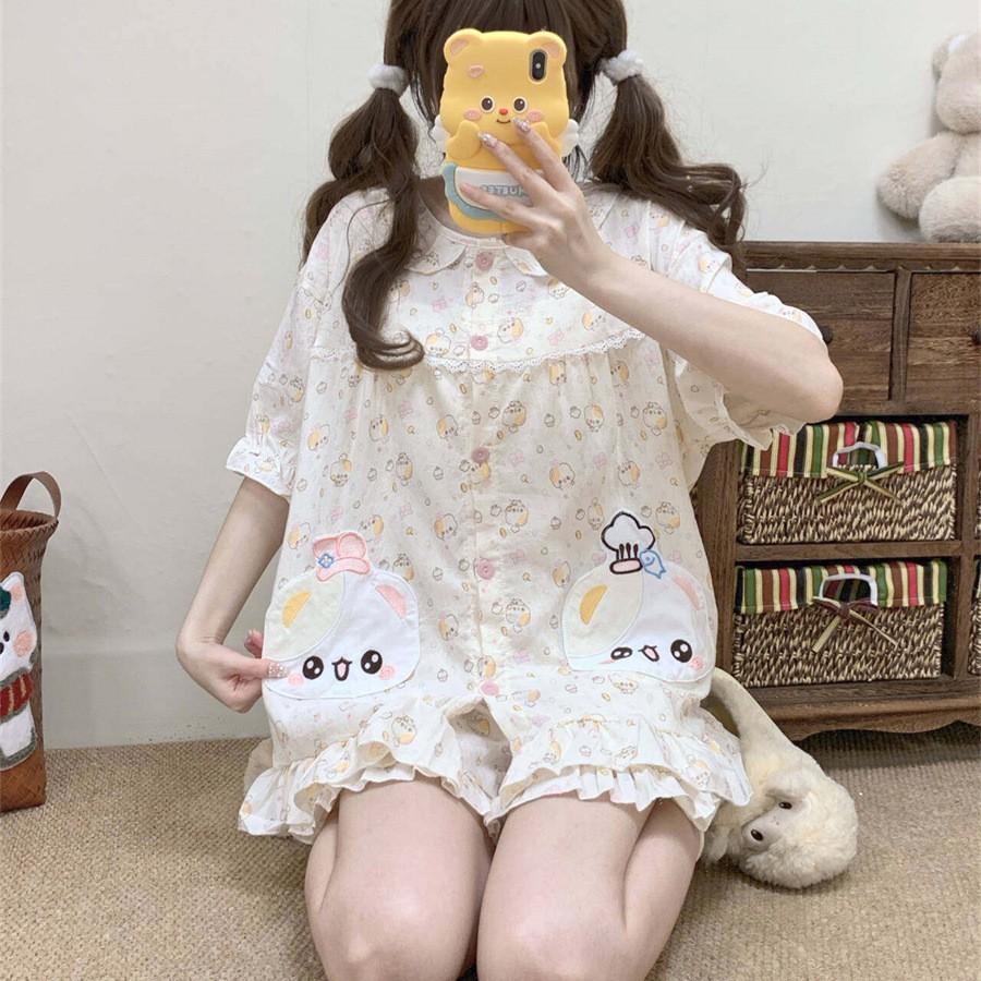 Soft cute girl doll collar open bear pajamas women's summer short-sleeved shorts two-piece set student dormitory loungewear