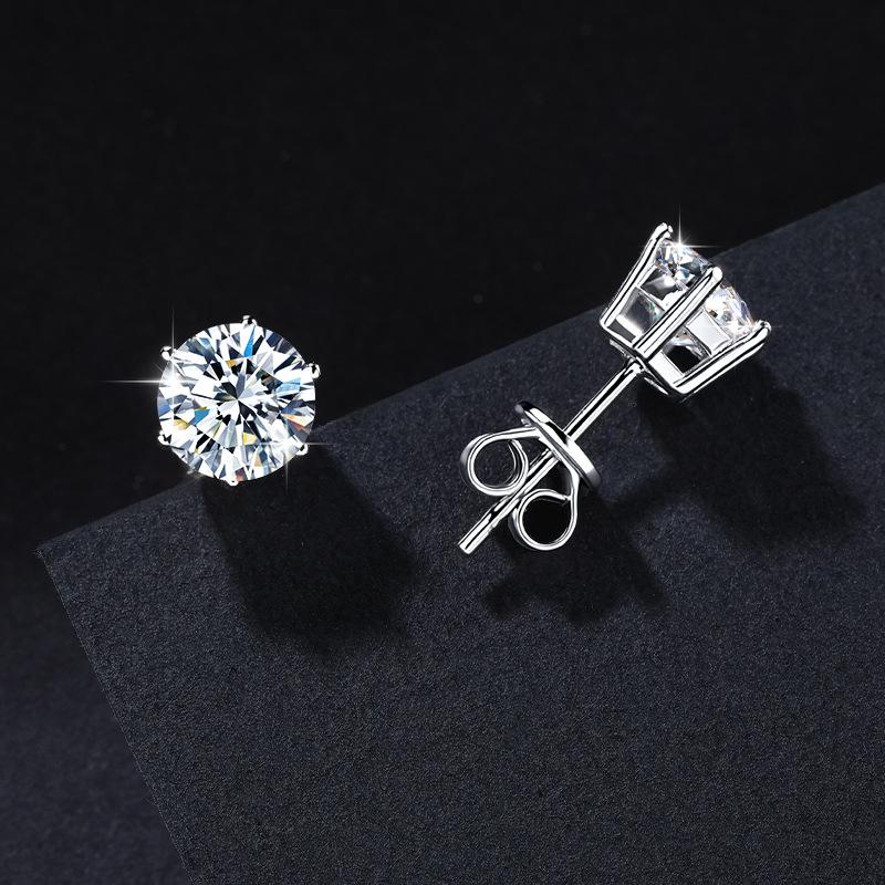 Classic Six-Prong Moissanite Stud Earrings in 925 Sterling Silver for Men and Women - High-End European and American Style