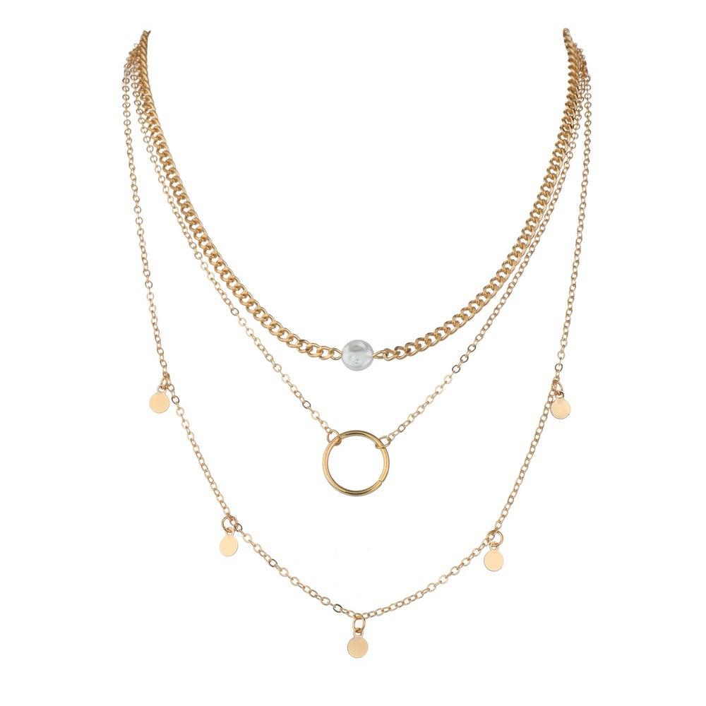 

Europe, America, Europe and America popular geometric circle pearl rhombus fringed women s multi-layer metal necklace золотий