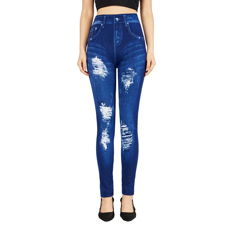 

2023 Spring/Autumn Women s High Elastic Seamless Printed Denim-Look Leggings, Nine-Point Length. S синий