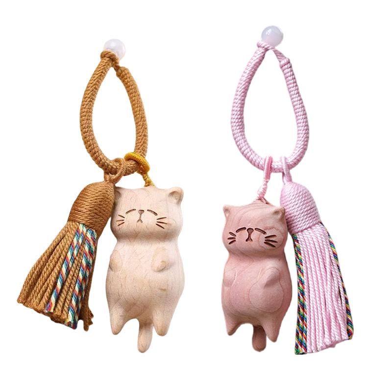 1PC Fortune Cat Pendant Bags Handmade Wooden Gifts Animal Pet Lovers Window Hanging Decoration Car Keys Wood Art Cute Phones