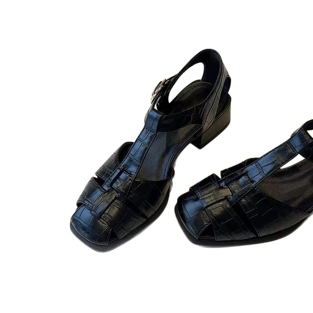 Sheepskin version~ Leather retro Roman sandals women's summer wear thick heels low heels pig cage shoes hollow casual bag head shoes