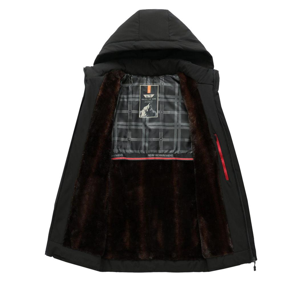 Men's Winter Cotton Jacket with Detachable Hood, Cold-proof and Warm Outerwear for Middle-aged and Elderly, Plus Velvet Lining.