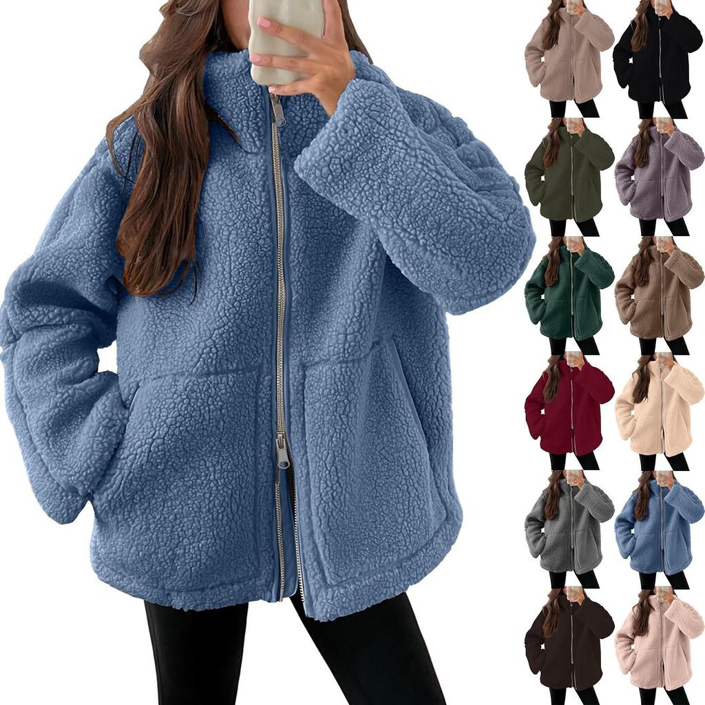 Kadın Peluş Ceket Rahat Uzun Kollu Büyük Boy Sıcak Çift Fermuarlı Kış Teddy Mont