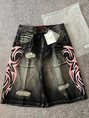 Streetwear Y2K Népszerű Farmer Rövidnadrág Rojtokkal Kialakítással Vintage Rövidnadrág Férfi Hip Hop Divat Harajuku Punk Magas Derék Széles Szárú Nadrág