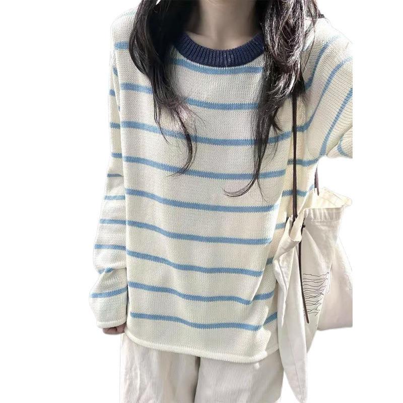 French gentle wind color matching striped knitted sweater women's autumn new loose temperament long-sleeved crew neck top