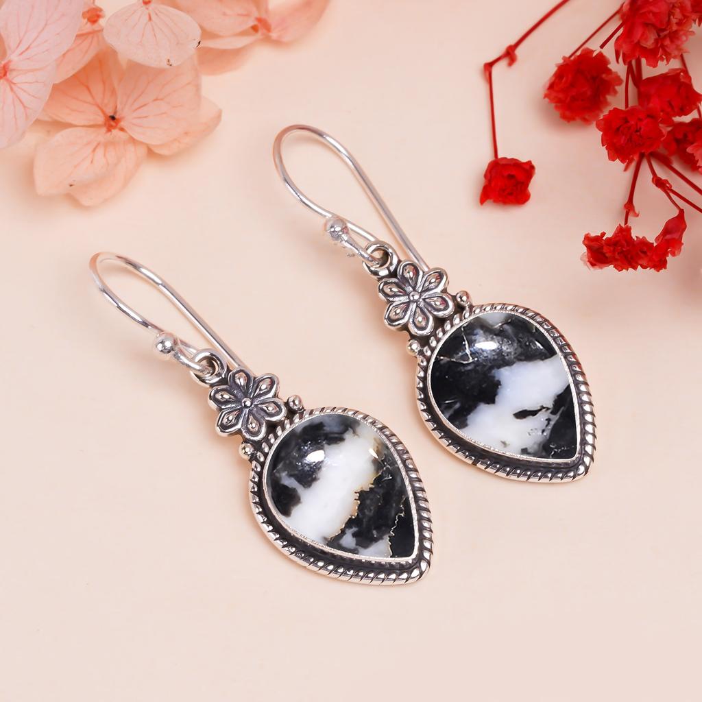 White Buffalo Turquoise - Nevada 925 Sterling Silver Earring V9632, Black & White Earring, Pear Earring, Valentin's Day Gift, Gift For Her, Birthday G