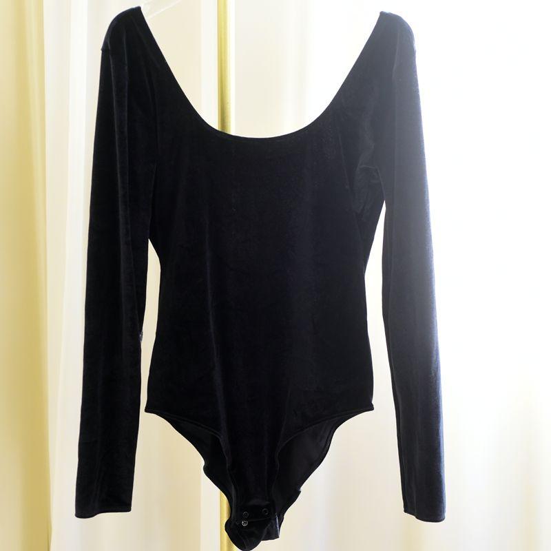 

Elegance Light Spin French Flocking Jumpsuit Black Open Back Velvet Sexy Long Sleeves Skinny Slimming Bottoming Shirt for Women Pure black flocking (non-return) L