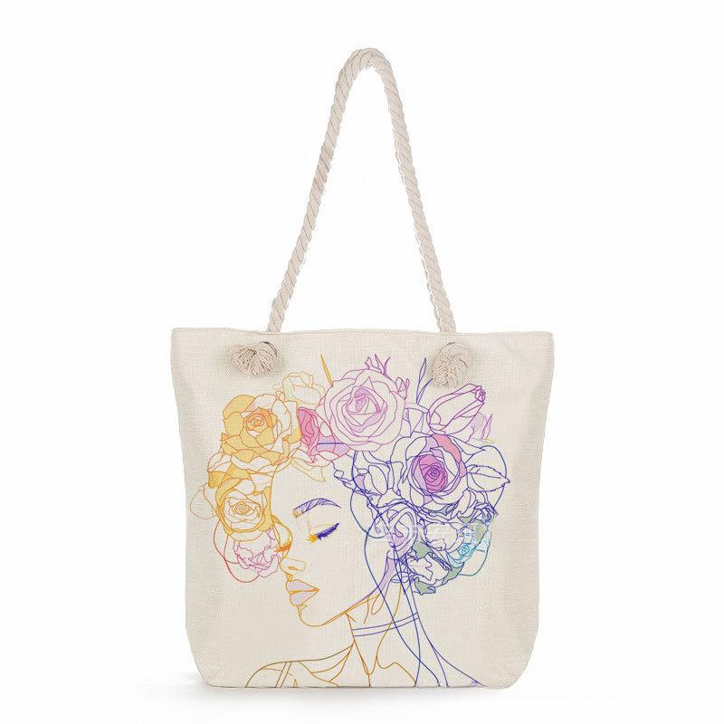 Multifunctional Rose Girl Printed Thick Rope Shoulder Beach Bag Casual Large Capacity Handbag 0247