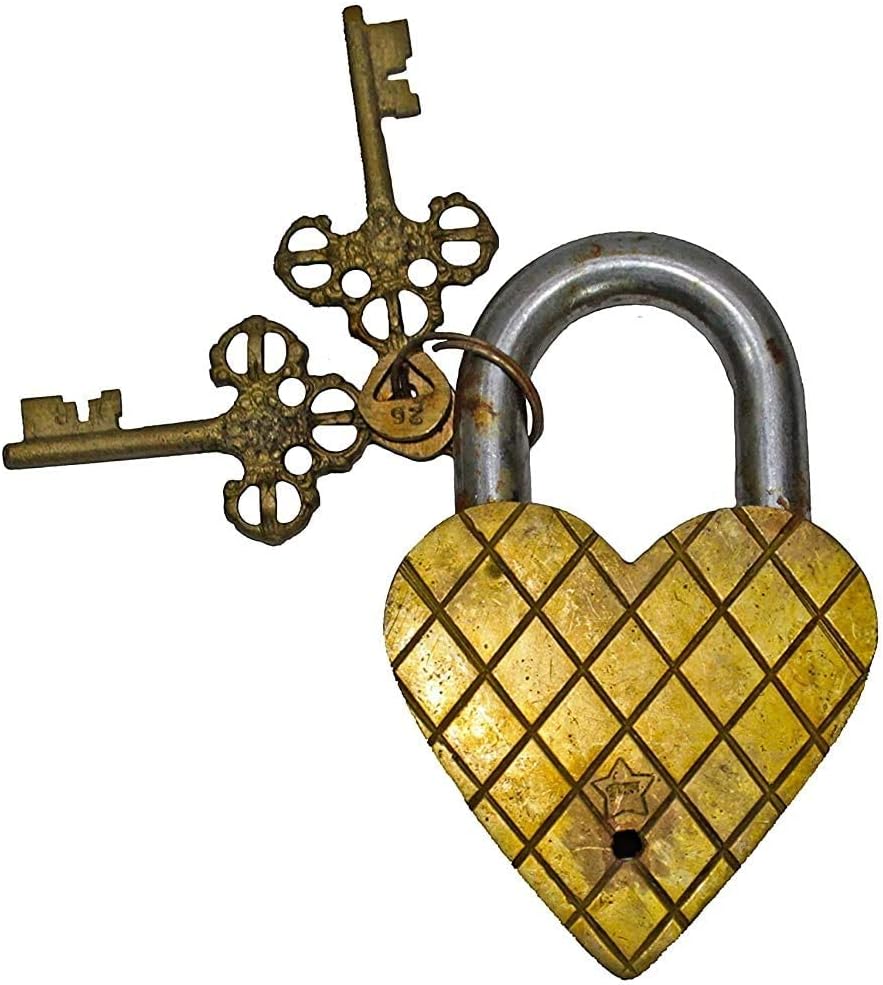 TreegoArt Emporium Brass Heart Shape Lock of Lakshmi and Ganesha Design Decorative Lock - 4.5 Inches Height Padlock