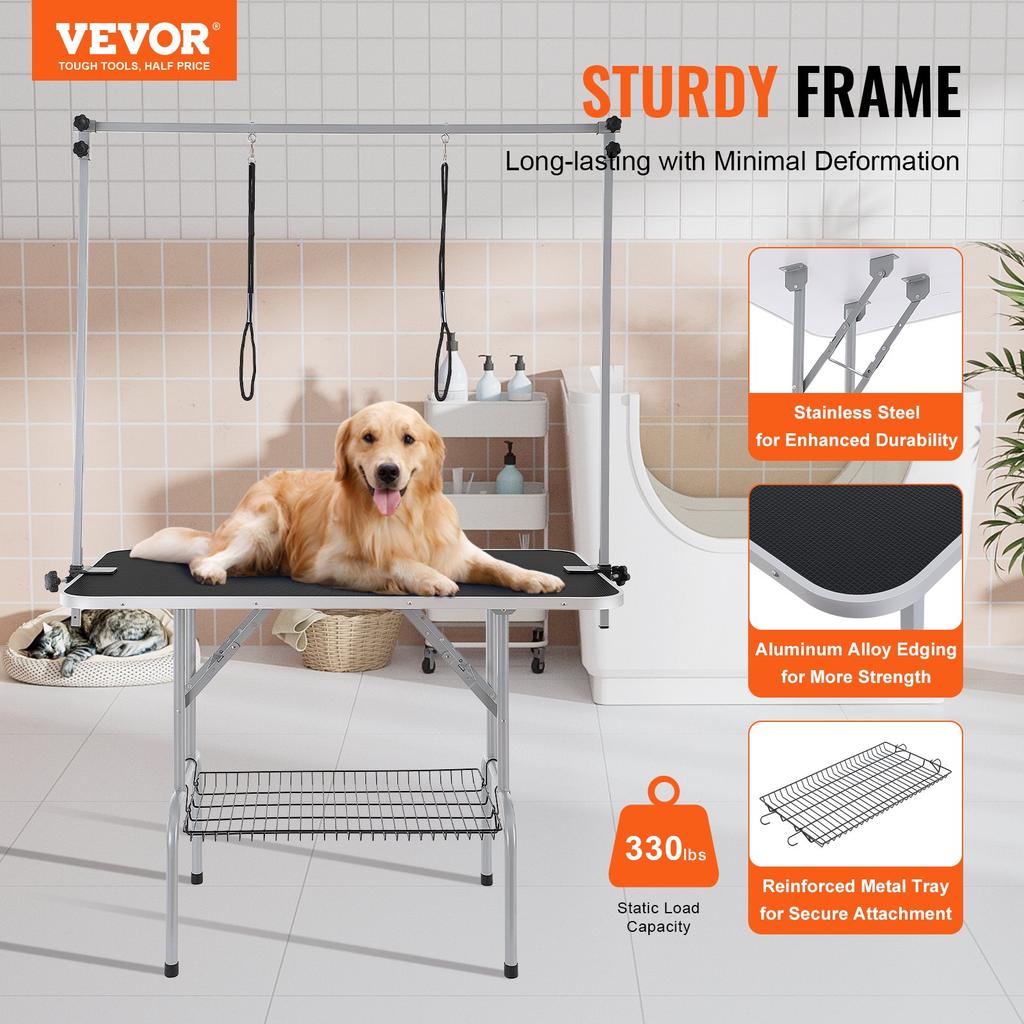 VEVOR Pet Grooming Table Two Arms with Clamp, 117cm Dog Grooming Station, Foldable Pets Grooming Stand for Medium and Small Dogs