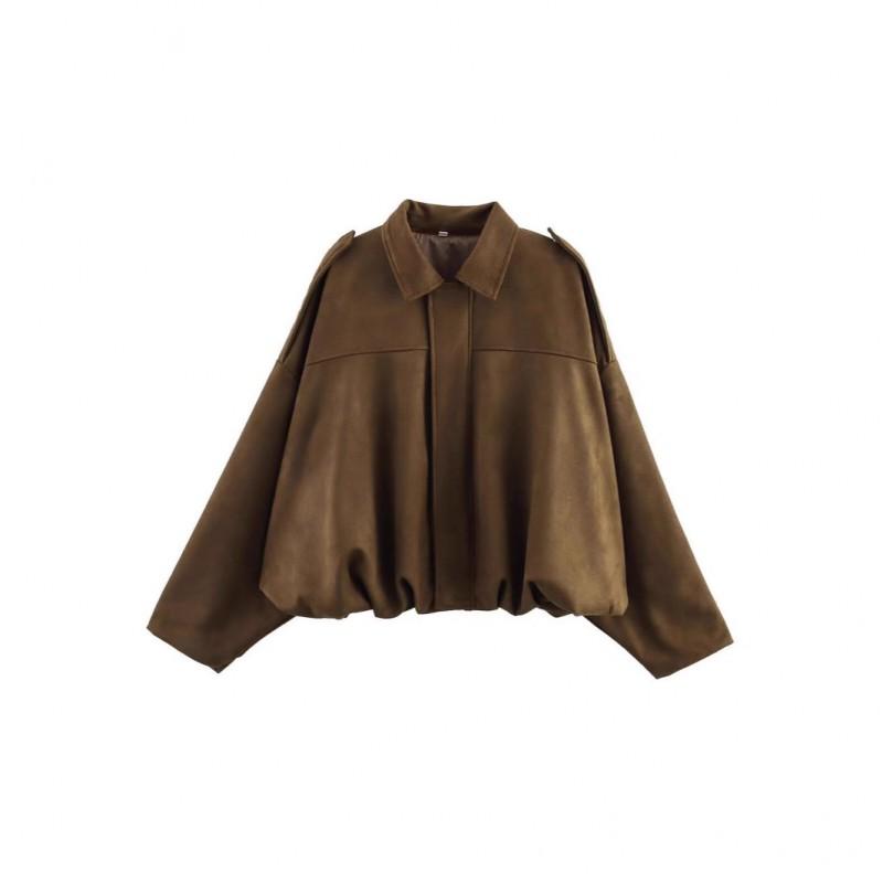 Womens Suede-Like Faux Suede Bomber Jacket With Snap Buttons Zipper Loose Fit Streetwear Outerwear Fall