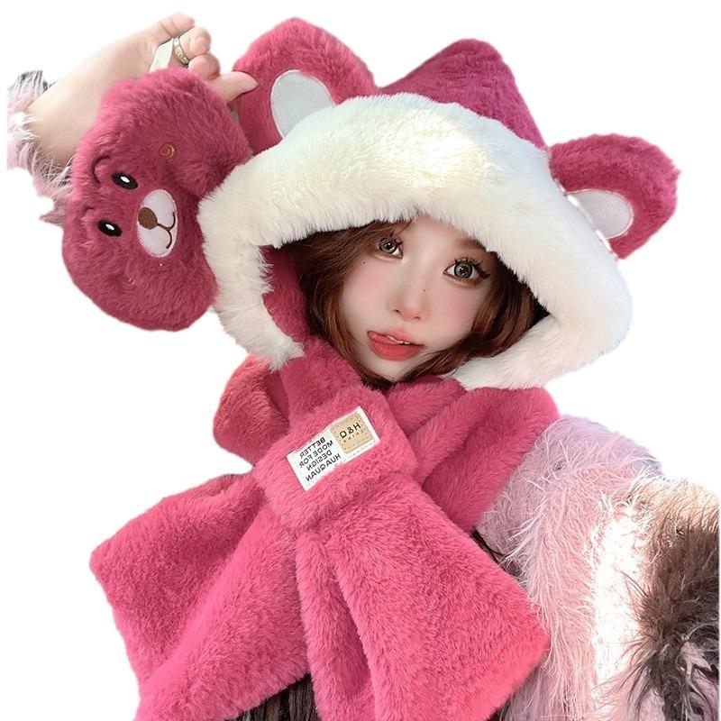 Warm strawberry bear three-piece bear hat scarf gloves integrated women's autumn and winter versatile cute plush ear protectors