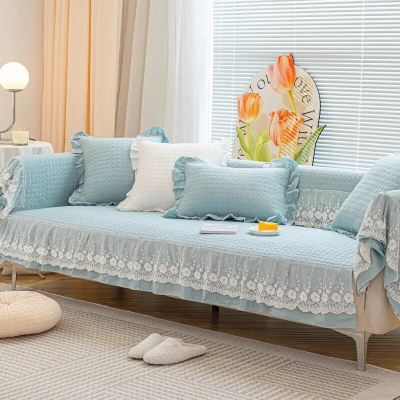 Solid Color Cotton Sofa Cushion French Lace Non-slip Cotton Four Seasons Universal Fabric Sofa Cover Cover Towel Cushion