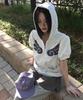 Some Place Angel Hoodie Check Contrast Detail Pocket Drawstring Puff Short Sleeve Zip-Up Hoodie [Baekmerange]