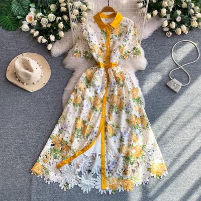Elegante Abito da Sera Formale Estivo in Pizzo Donna Ricamo Idrosolubile Fiore Intagliato Cintura Abiti da Festa Midi Abito Lungo Femminile