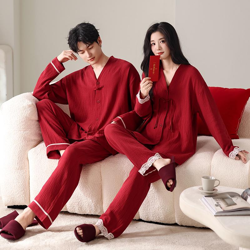 Couple pajamas women's spring and autumn pure cotton long-sleeved suit men's autumn and winter wedding red natal year loungewear