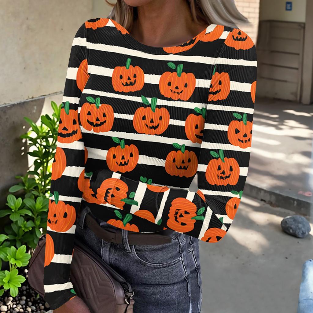 Women's Casual Fashion Long Sleeve Ribbed Top Halloween Print Round Neck Slim Fit Stretchy Knit Shirt