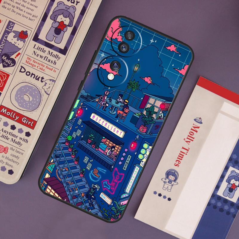 Neon Village Bathhouse Night Case For Honor Magic 7 Lite 5 6 Pro Honor 200 Pro 50 70 90 X9b X9a X8b X8a X8 X9 X9c Cover