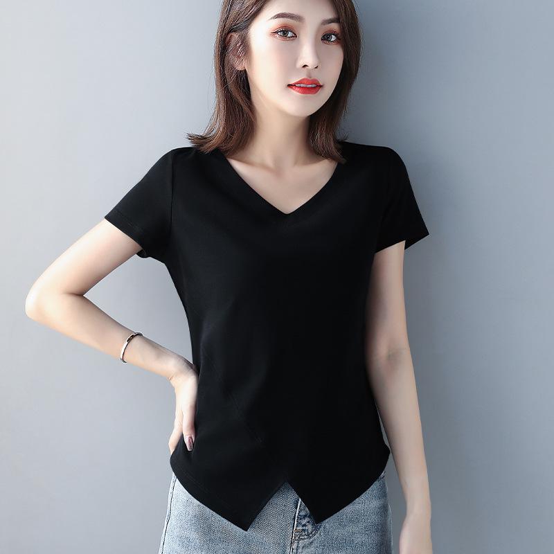 Black V-Neck Irregular Hem Short-Sleeve T-Shirt - 2022 Korean Fashion
