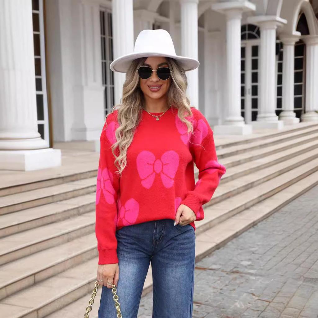 2026 Spring Women's Plus Size Bowknot Loose Sweater Pullover Knitwear