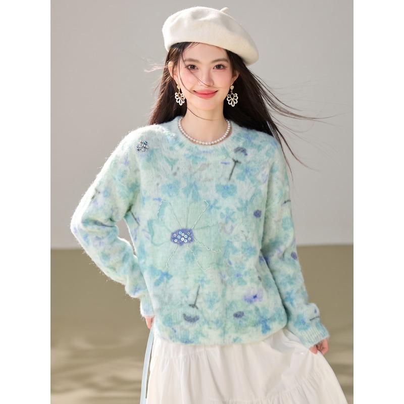 DIMANAF 2026 Autumn Winter New Plus Size Women Sweater Beading Loose Knitting Lady Tops Floral