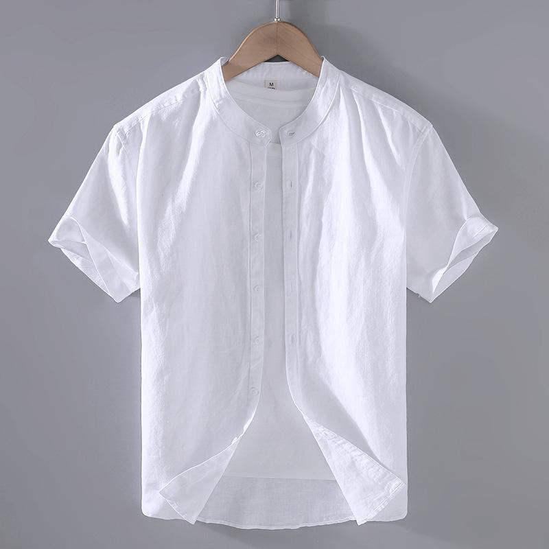 Men's Cotton Linen Short-Sleeved Shirt Summer Streetwear Plain Color Stand Collar Casual Beach Style plus Size M-3XL