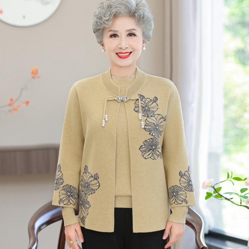 Grandma's new coat embroidered top Mom's autumn dress medium and old Tang suit two-piece cardigan long-sleeved old lady