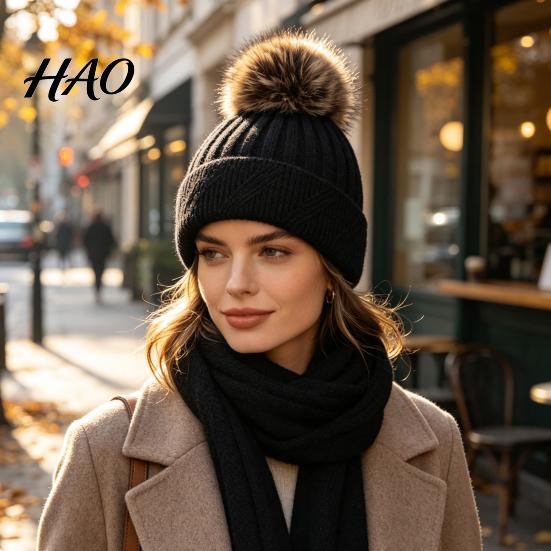 Elastic Slouchy Caps Winter Knitted Hat for Women, Cold Weather Fleece Lined with Pom Stylish Accessories Women Pom, Chunky Snow Hat, Soft Ribbed Knit