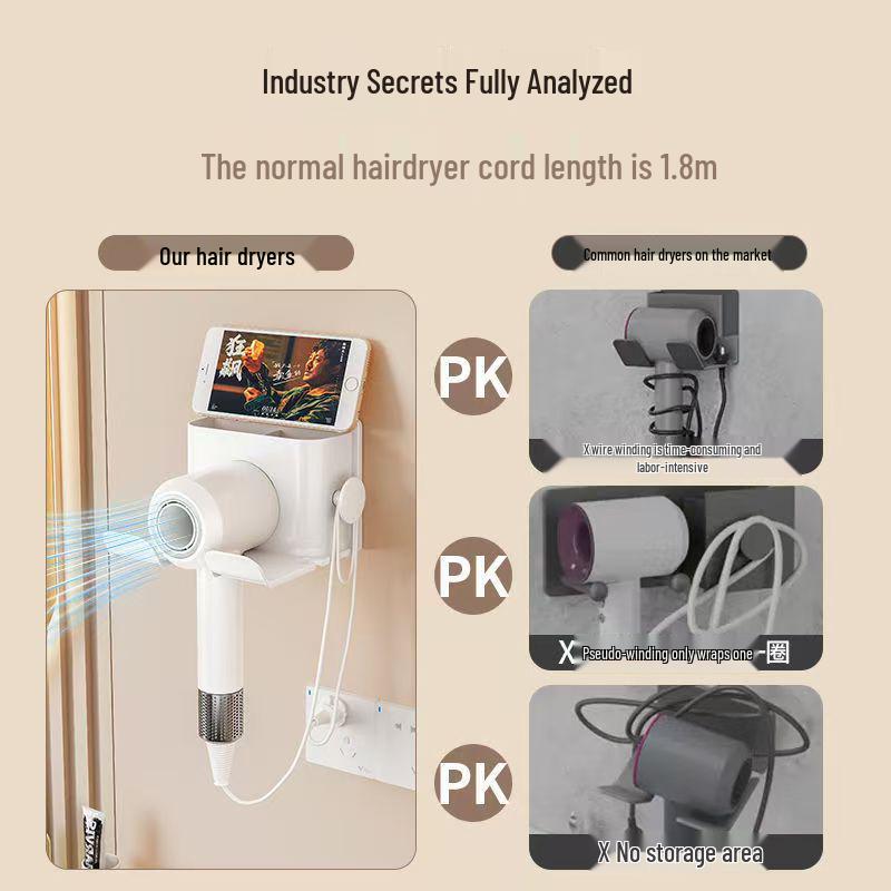 Punch-Free Wall-Mounted Hair Dryer and Bathroom Storage Rack