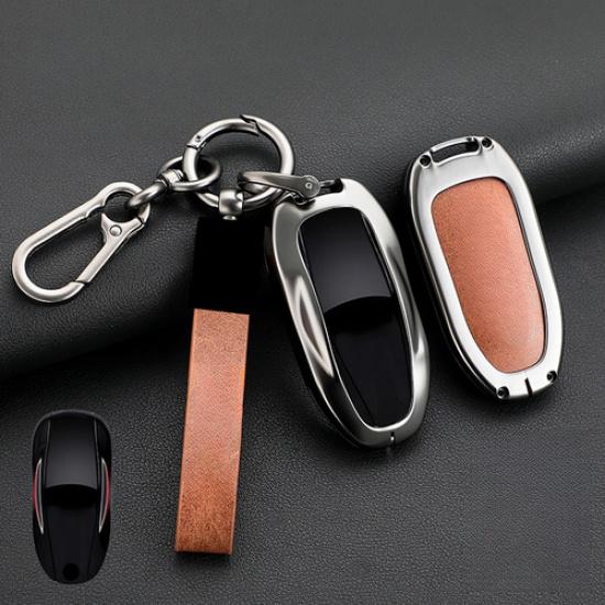 Zinc Alloy Leather Car Key Case Cover Bag With Keychain For Tesla Model S 3