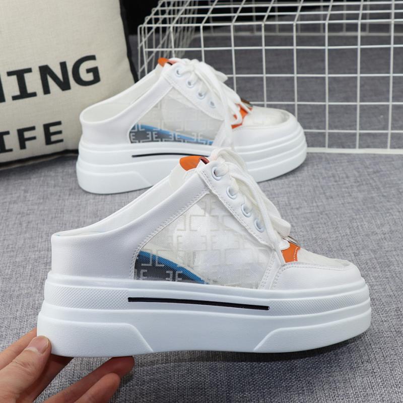 fashion Women Half Shoes Sneaker 2024 Summer Leather 8CM High Heels Slippers Casual Lace Up Woman Sneakers Shoes Fashion Summer Slippers