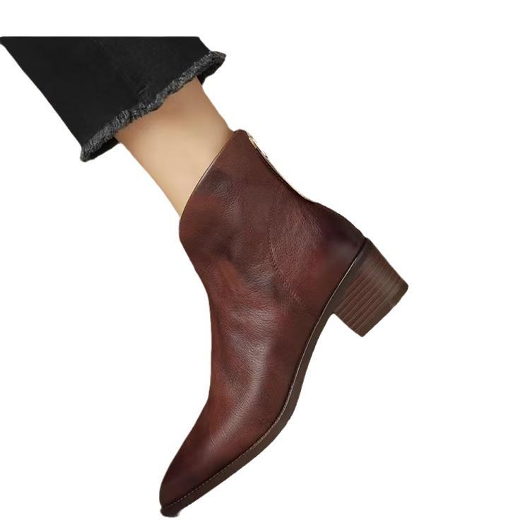 Women Pointy Brown Ankle Boots High Heels Shoes Woman Vintage Chelsea Boots Autumn Pu Leather Femme Mid-Heel Stubby Ankle Boots