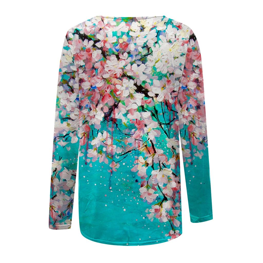 Women's Casual V-Neck Gradient Print Loose T-Shirt Pullover Long Sleeve