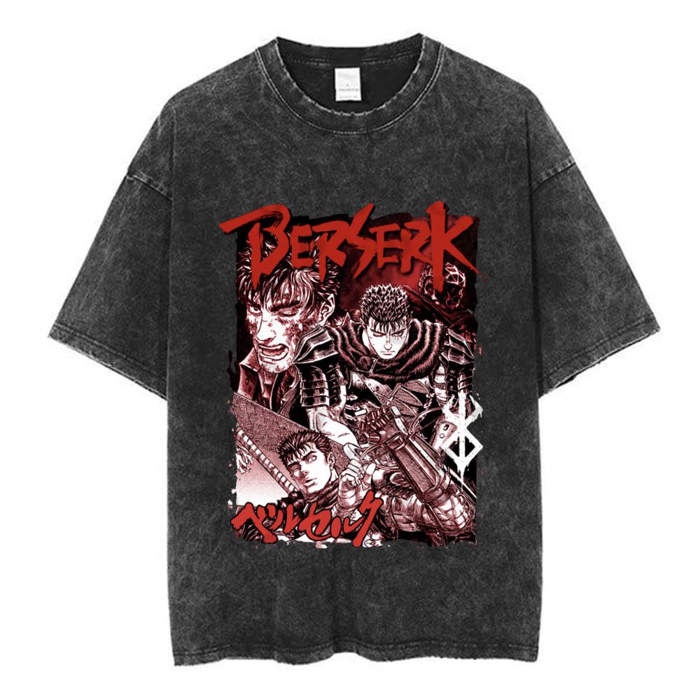 Japanese Anime Berserk Guts Vintage Washed T Shirt Griffith Swordsman Gatsu Sacrifice Zodd T-shirts Unisex Cotton Casual T-Shirt