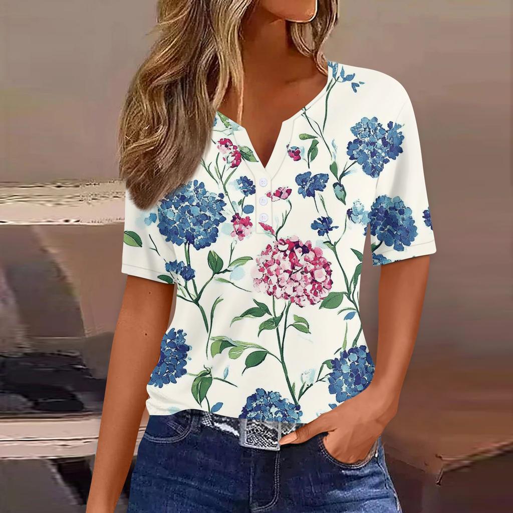 Damen T-Shirt mit Aufdruck und Knopfleiste, kurzärmelig, für den Alltag, Wochenende, modisch, Basic, V-Ausschnitt, normales Oberteil