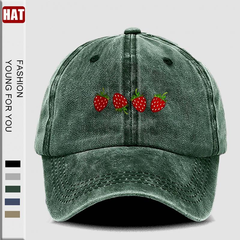 pc Strawberries Printed Hat Washed Baseball Hats for Men Beach Hat for Women Breathable Caps Hot Selling Adjustable DAD Hat