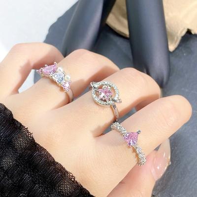 Temperament Sweet Pink Zircon Love Star Opening Ring Niche Light Luxury Color Treasure High Sense Ring Woman